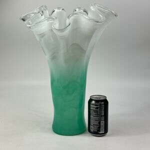 Murano Art Glass Vase Encased Green White Swirl Ruffled Rim 16" Italian Blown